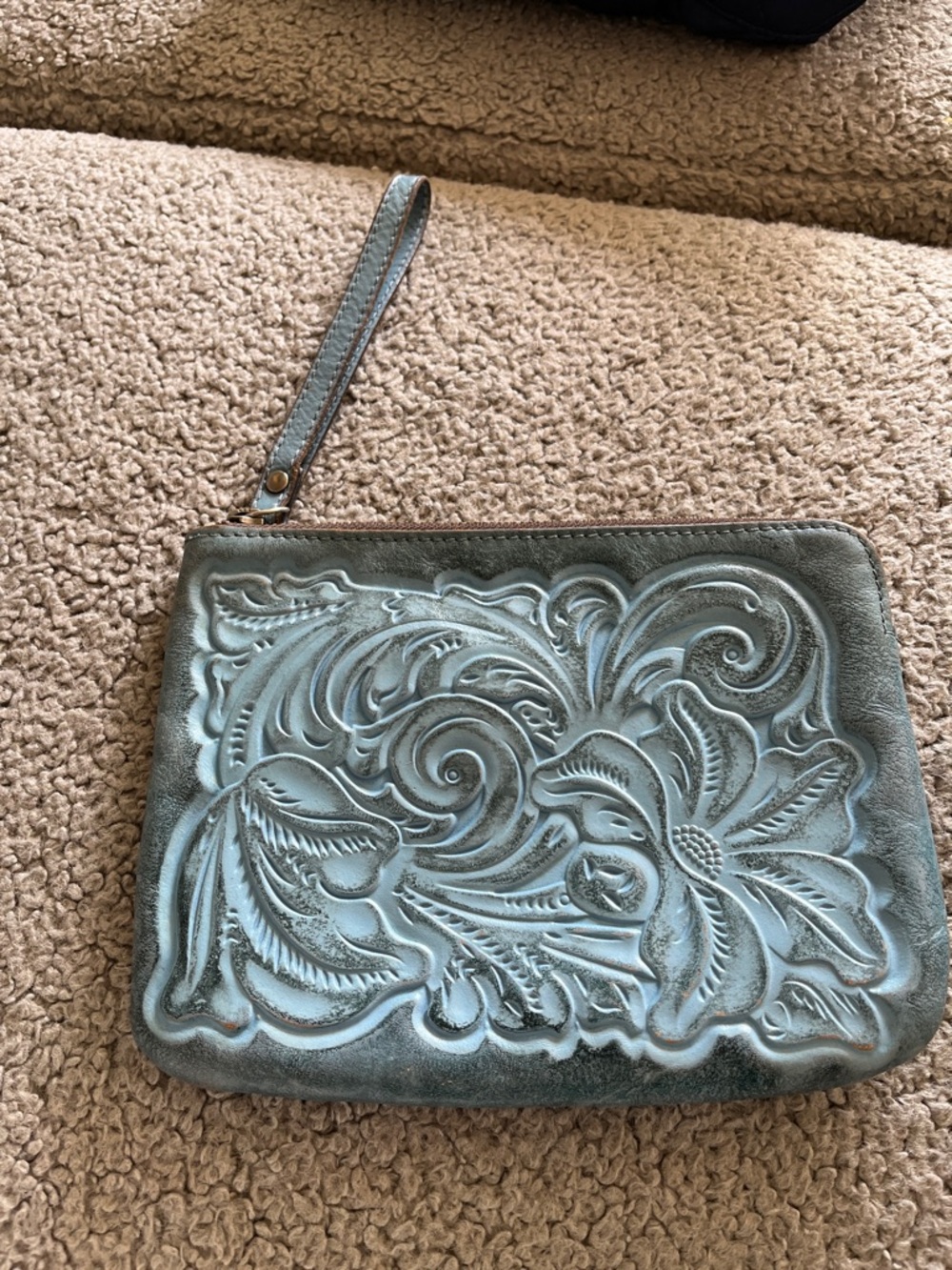 Patricia Nash Teal Floral Embossed Wristlet Clutch
